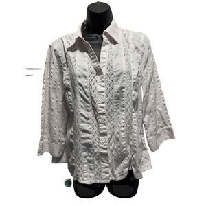 Christopher & Banks 3/4 Sleeve White Button‎ Up Lace Striped Size XL